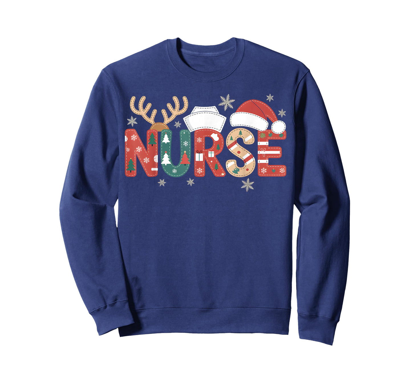 Nurse Christmas Patchwork Reindeer Santa Hat Holiday Lights T-Shirt
