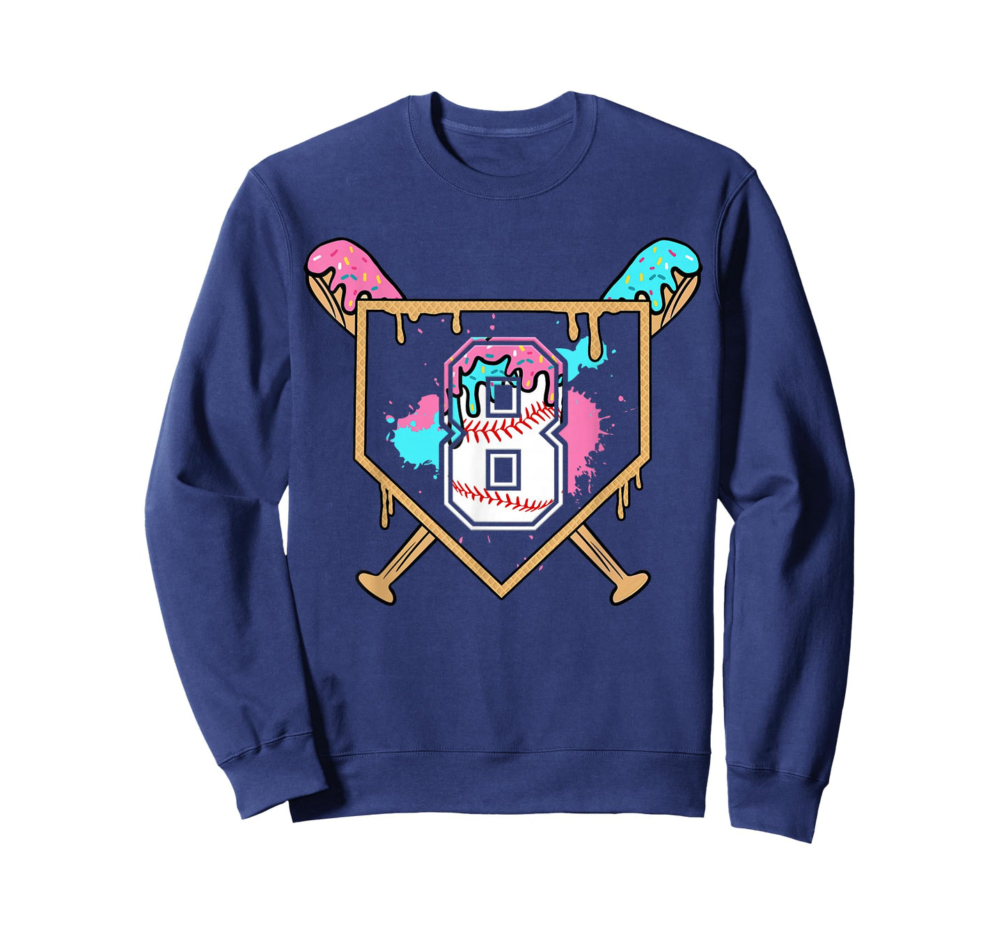 8th Birthday Baseball Bat Ice-Cream Drip 8yrs Old Boys Girls T-Shirt