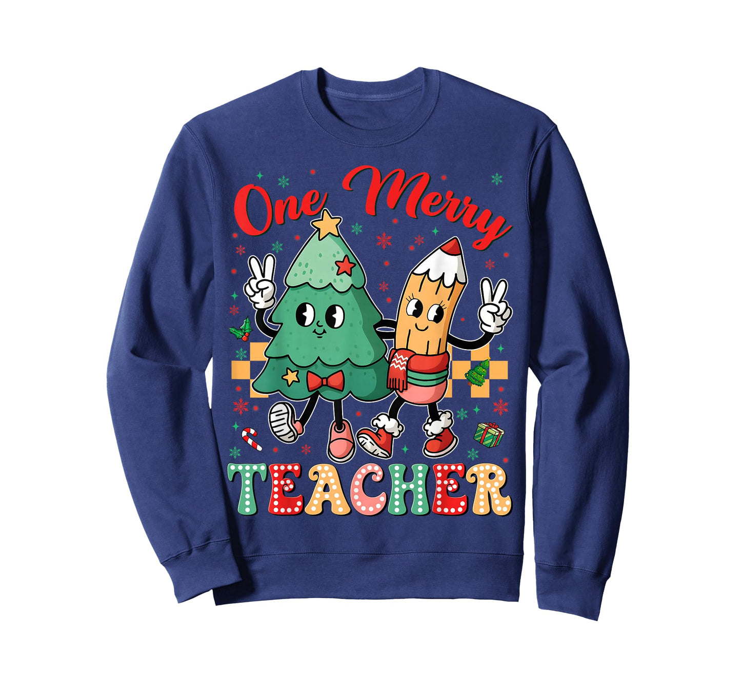 One Merry Teacher Groovy Christmas Tree Pjs Xmas Teacher T-Shirt