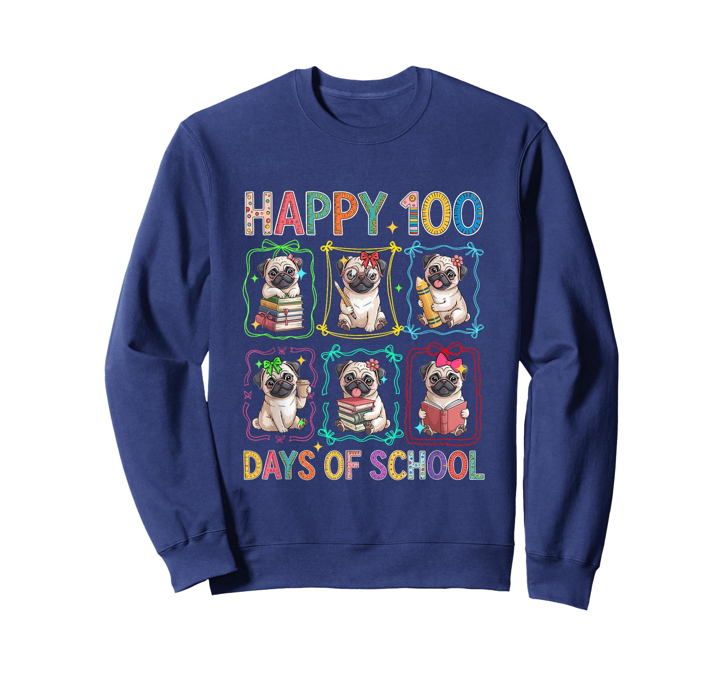 Happy 100 Days of School Colorful Group Pugs Students Kids T-Shirt