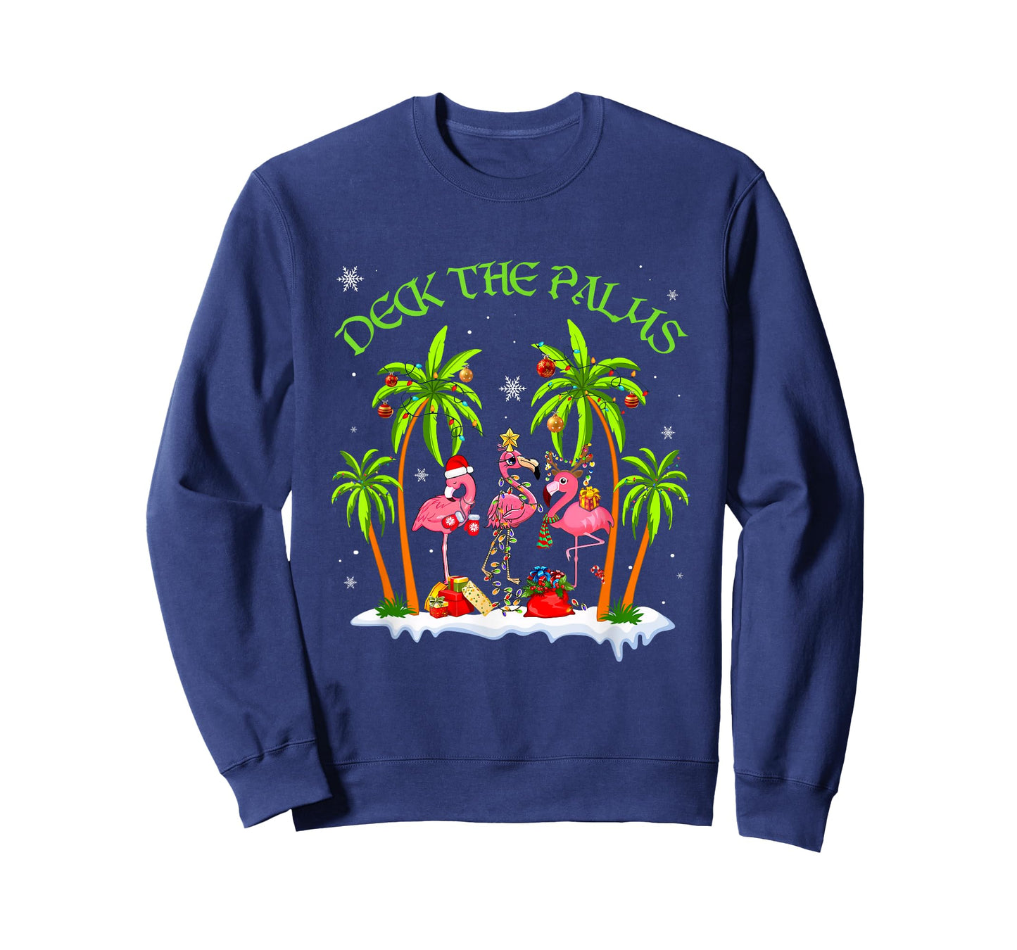 Deck The Palms Tropical Christmas Flamingo Santa Palm Tree T-Shirt