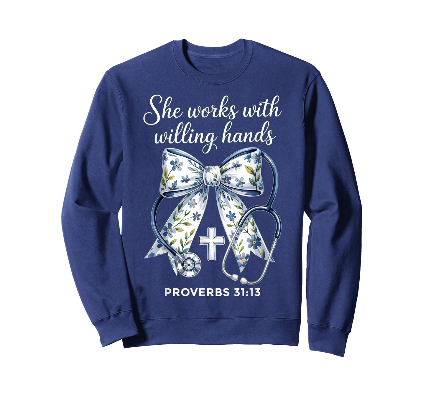 She Works with Hands Coquette Ribbon Faith Christian Nurse T-Shirt