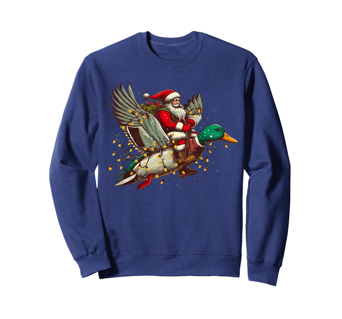 Santa Flying Mallard Duck Christmas Light Retro Hunting Duck T-Shirt