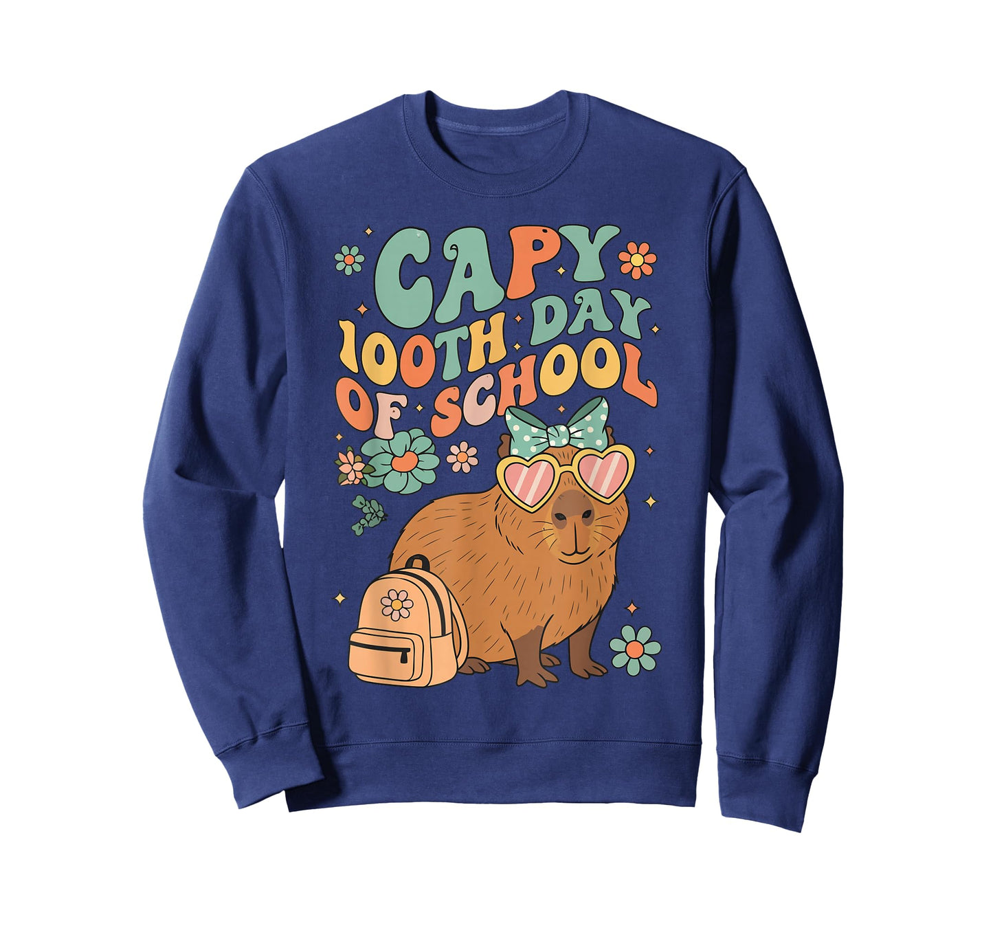 Capy 100th Day of School Groovy Flowers Capybara Design T-Shirt