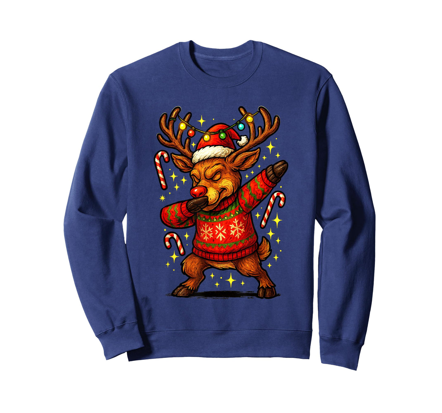 Funny Dabbing Reindeer Ugly Christmas Sweater Rudolph Lights T-Shirt