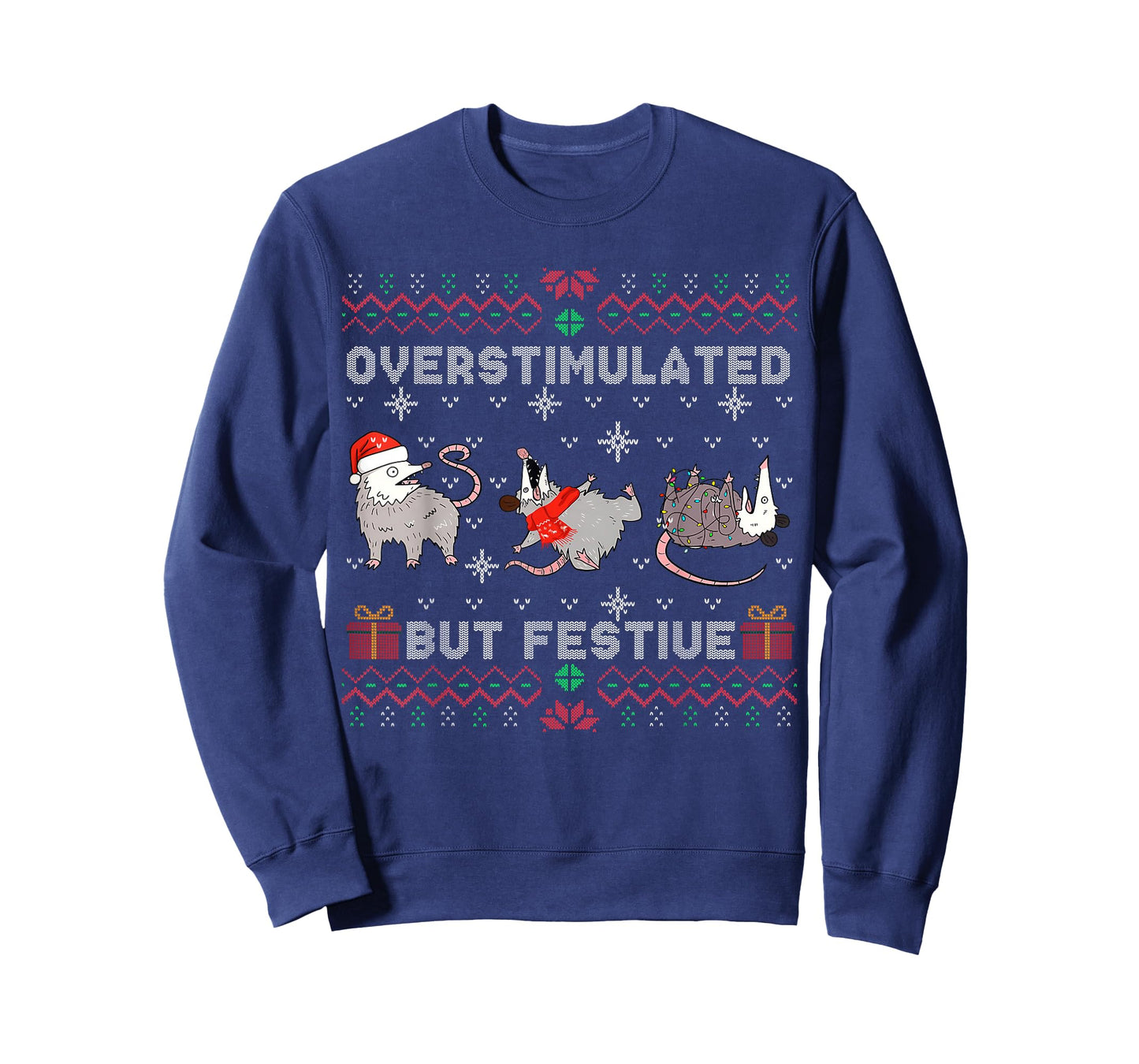 Overstimulated But Festive Opossum Ugly Sweater Christmas T-Shirt