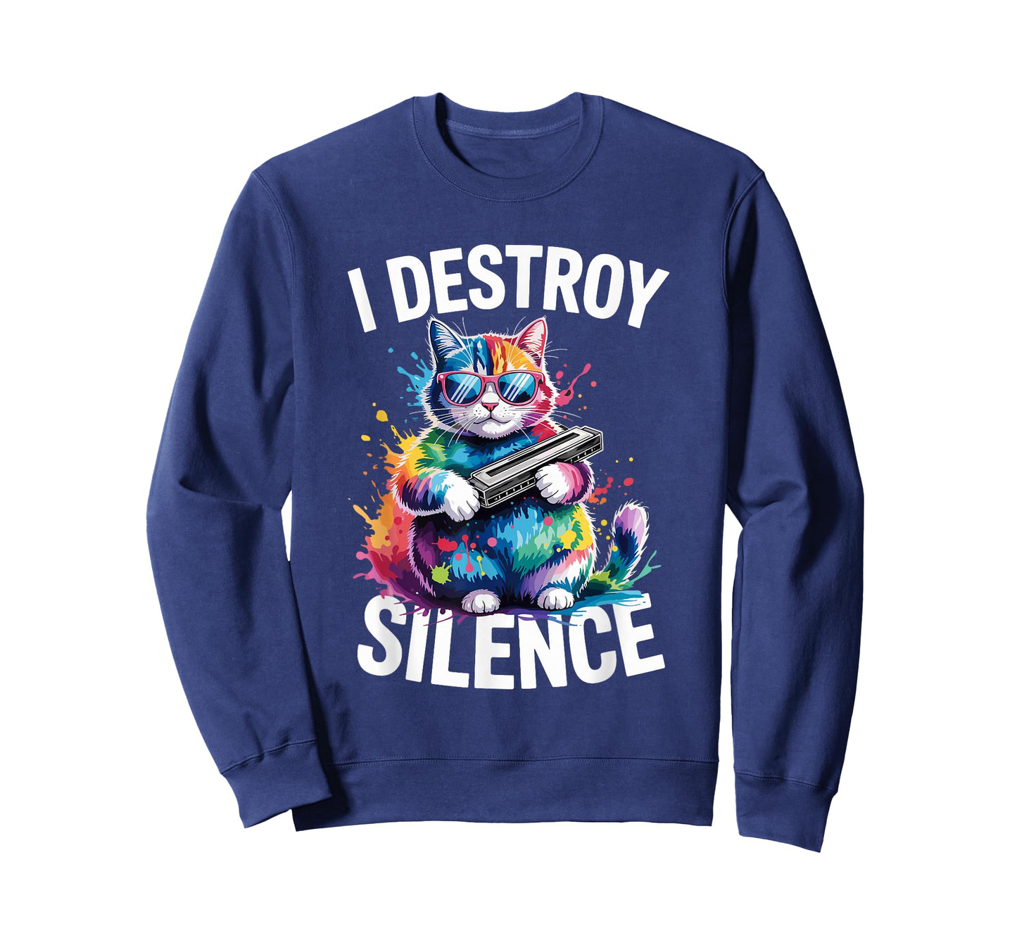 I Destroy Silence Rainbow Cat Harmonica Music T-Shirt