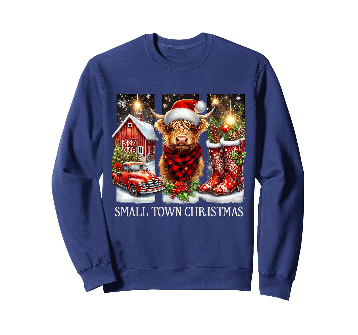 Small Town Christmas Highland Cow Western Art T-Shirt