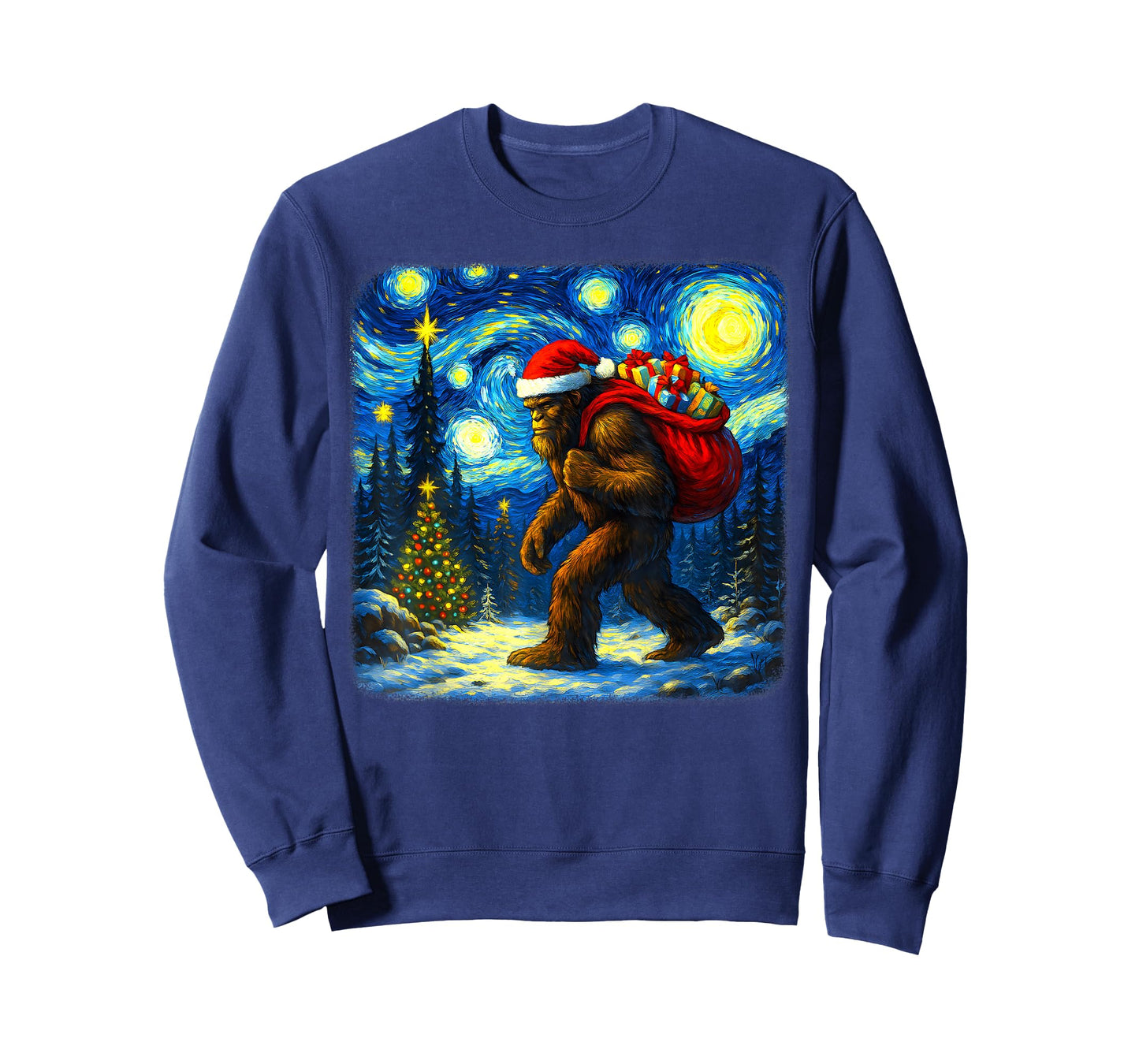 Bigfoot Santa Christmas Starry Night Sasquatch Van Gogh Art T-Shirt