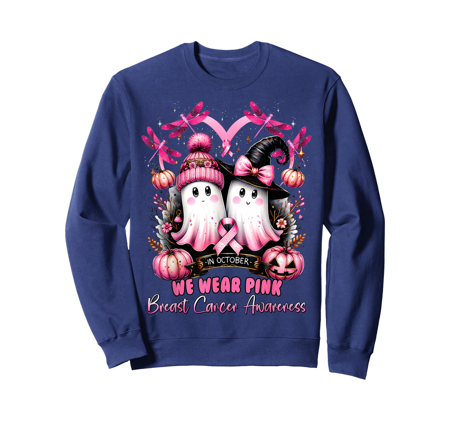 in October We Wear Pink Ghost Witch Breast Cancer Awareness T-Shirt
