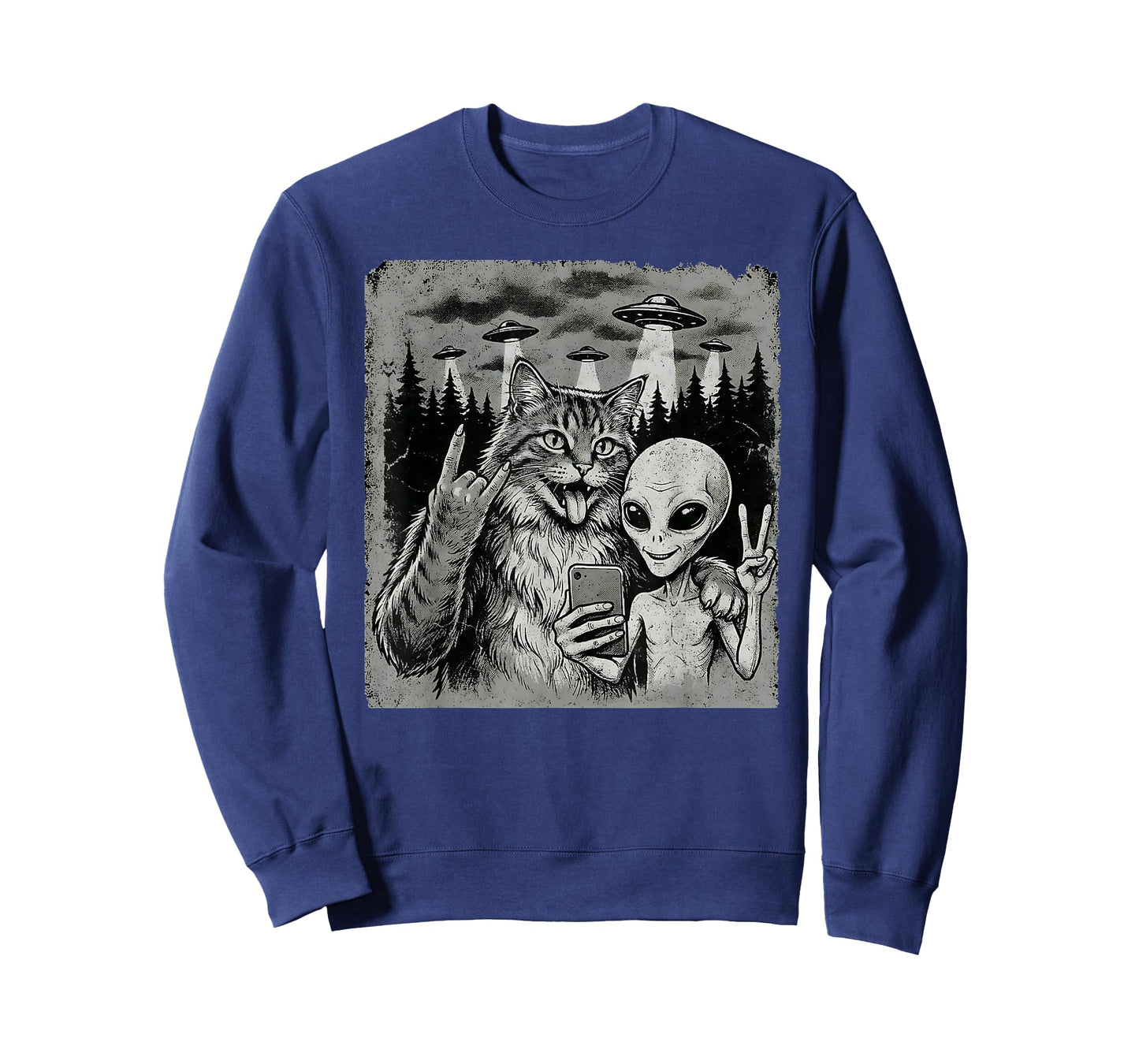 Funny Cat and Alien Rock On Hand Sign UFO Selfie T-Shirt