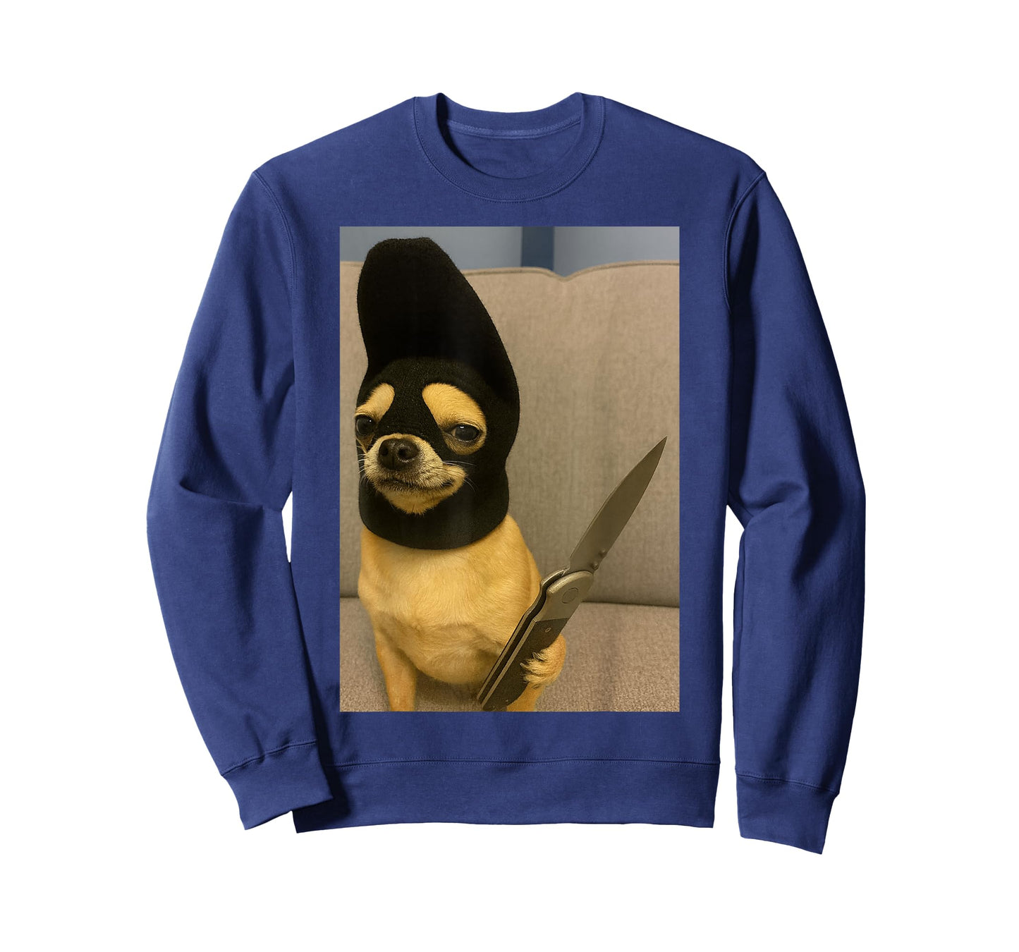 Funny Chihuahua Dog Wearing a ski mask and Holding a Knife T-Shirt