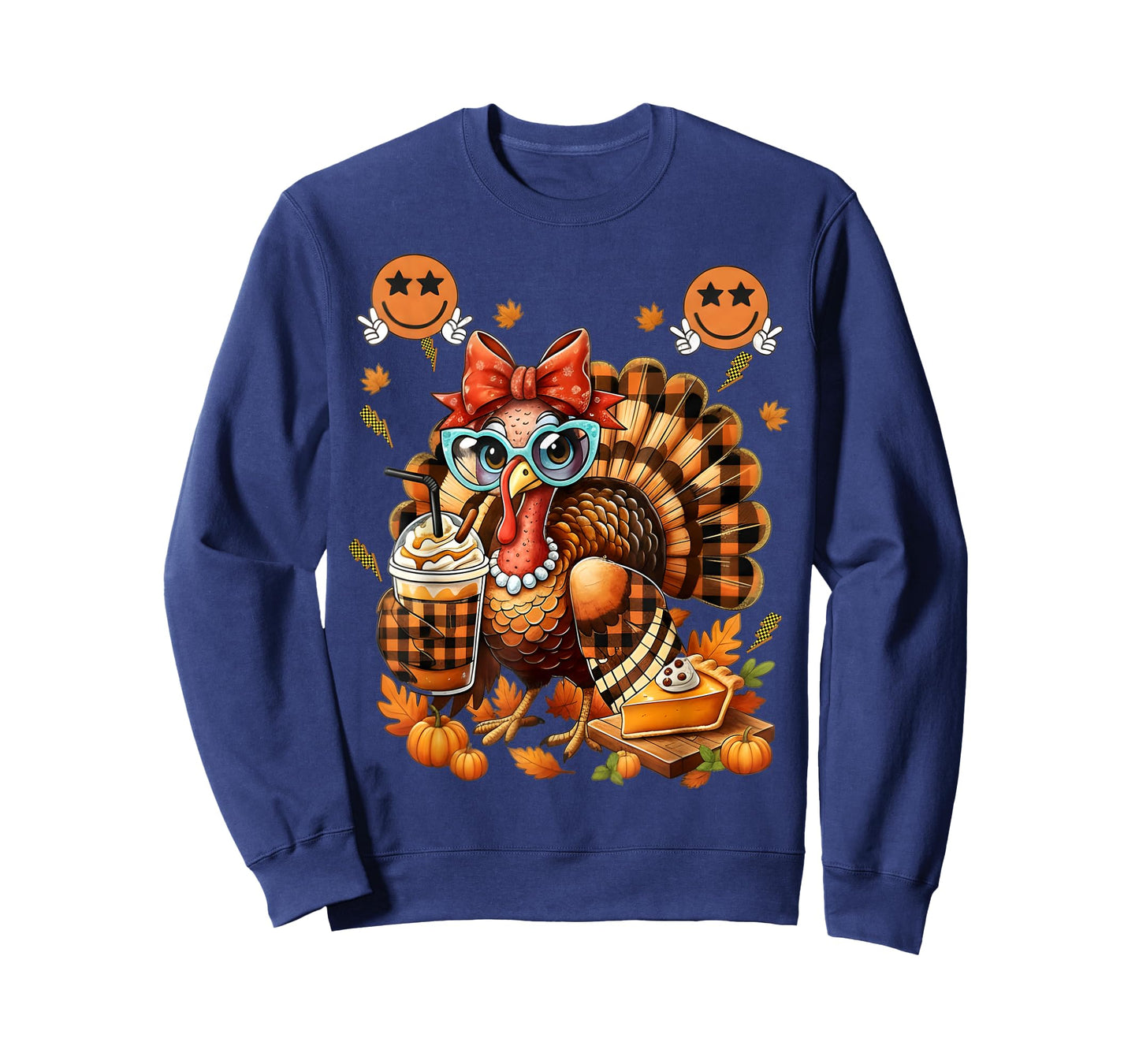 Checkered Turkey Drinking Coffee Bow Bolt Thanksgiving Women T-Shirt