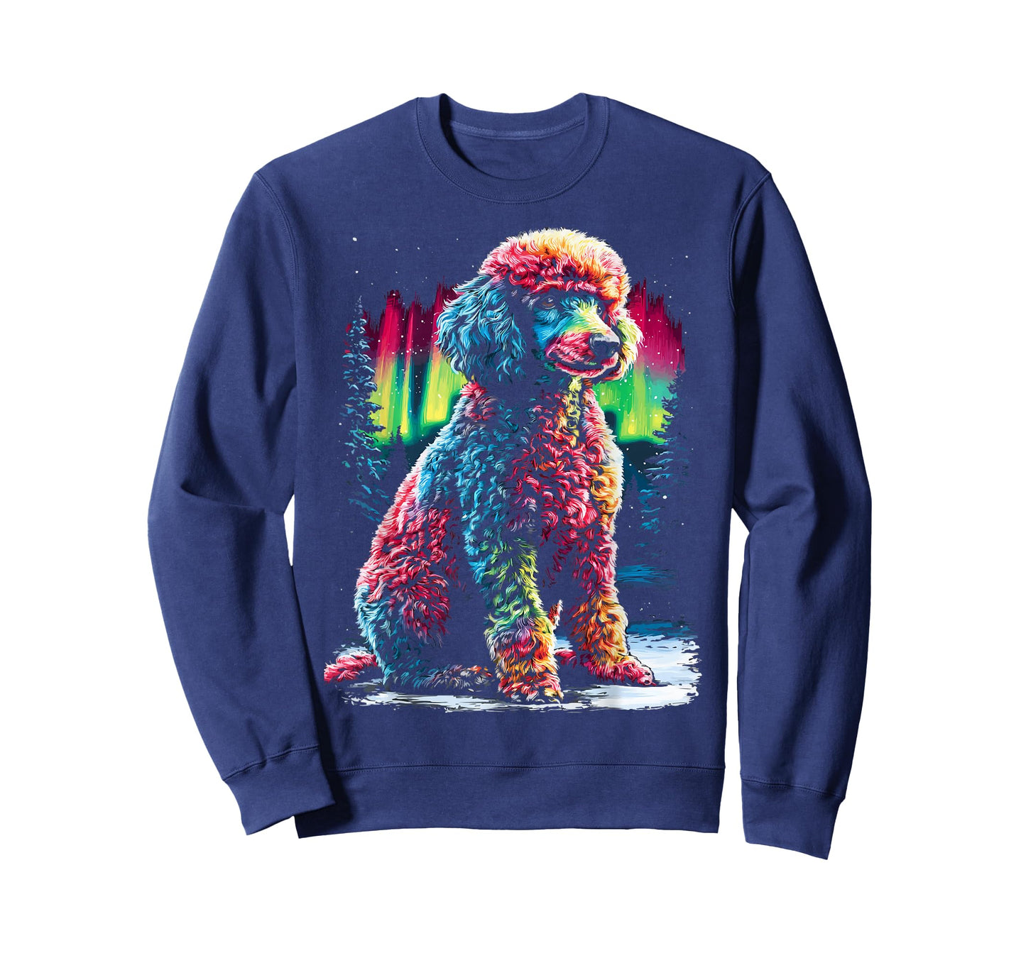 Colorful Poodle Dog Aurora Borealis Winter Forest Graphic T-Shirt