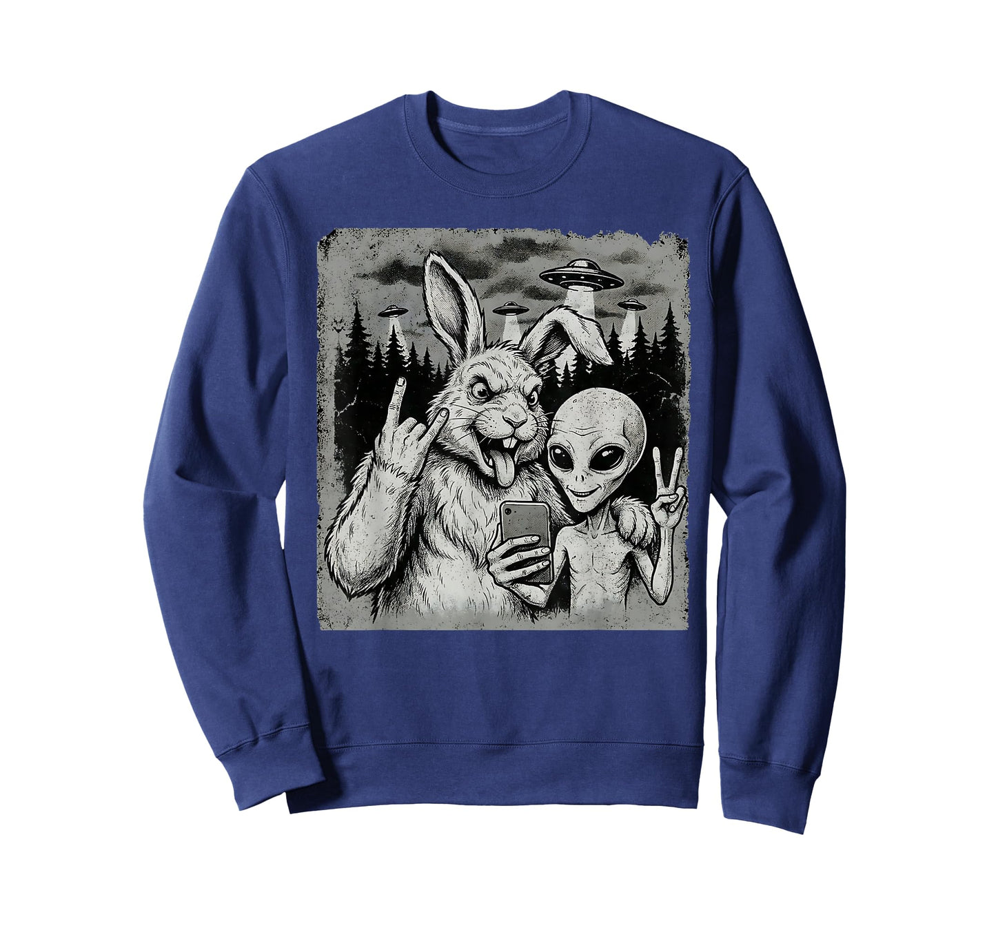 Funny Rabbit and Alien Rock On Hand Sign UFO Selfie T-Shirt