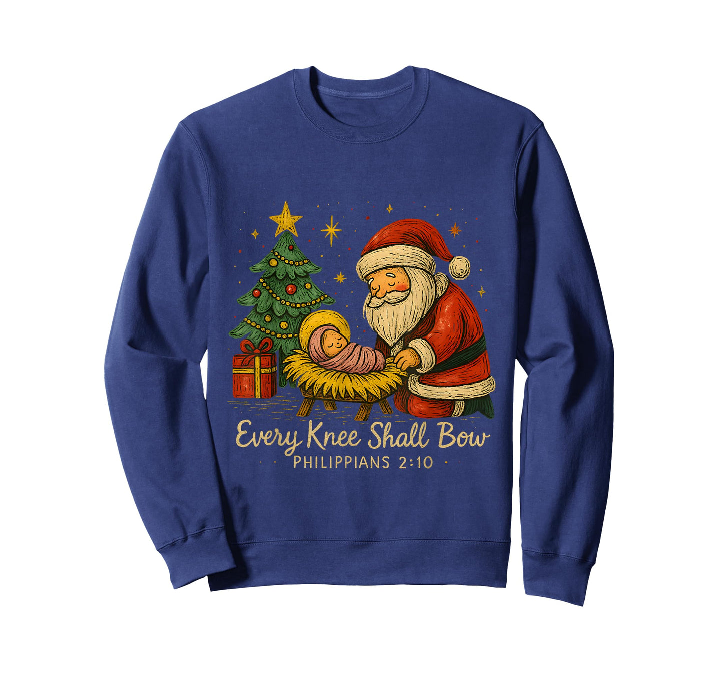 Santa Kneels at Manger – Every Knee Shall Bow Verse T-Shirt