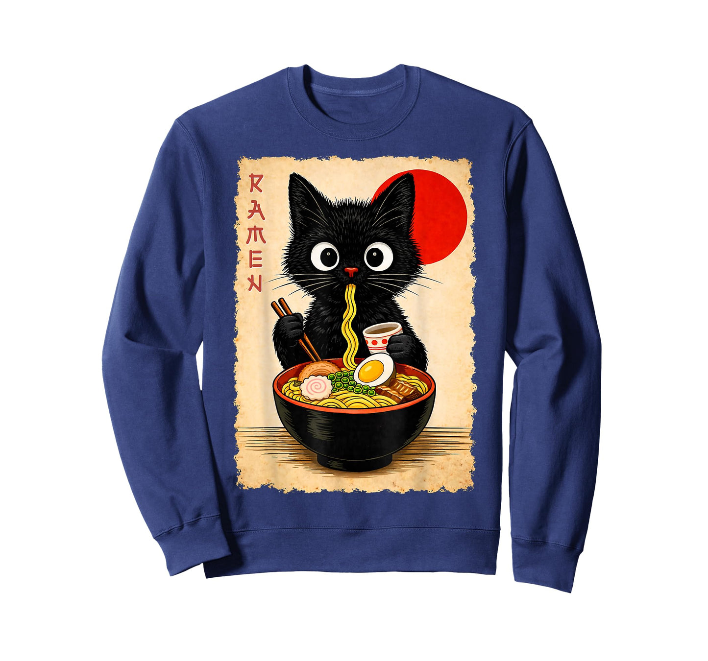 Cute Black Cat Eating Ramen Artwork Print Anime Style Wall T-Shirt