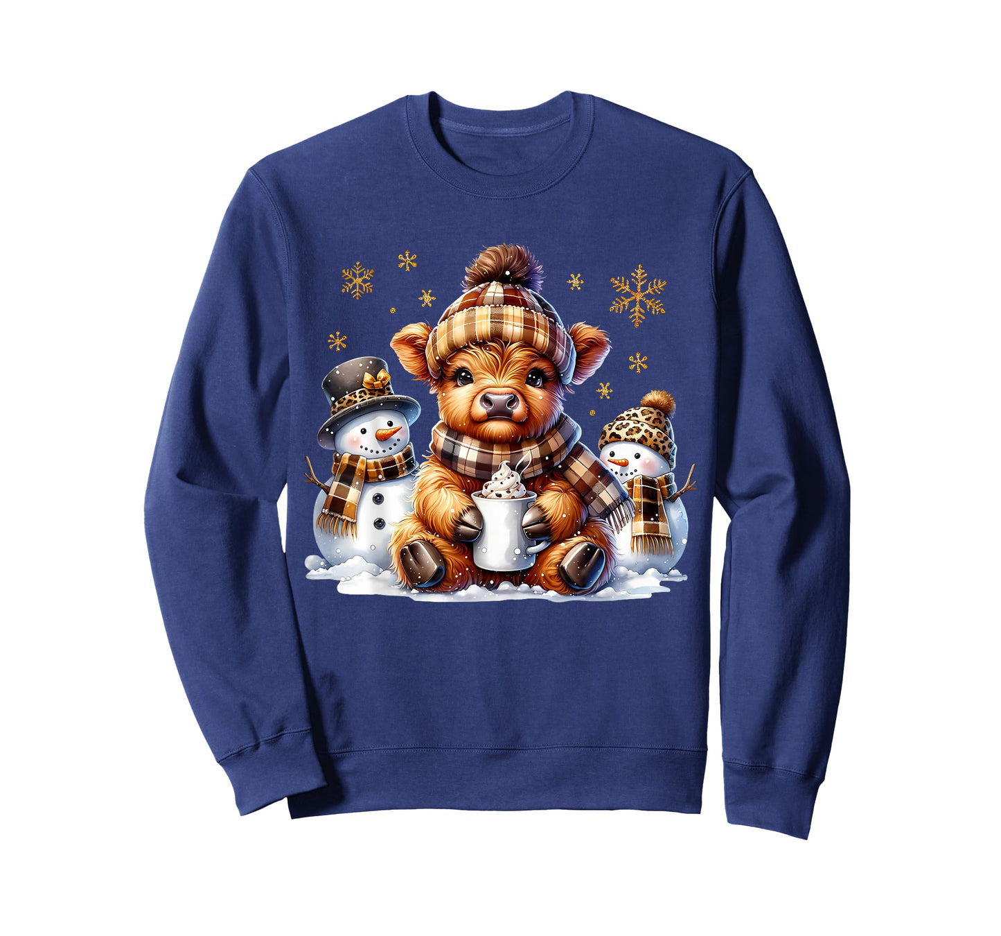 Highland Cow Snowman Coffee Brown Plaid Christmas Family Kid T-Shirt