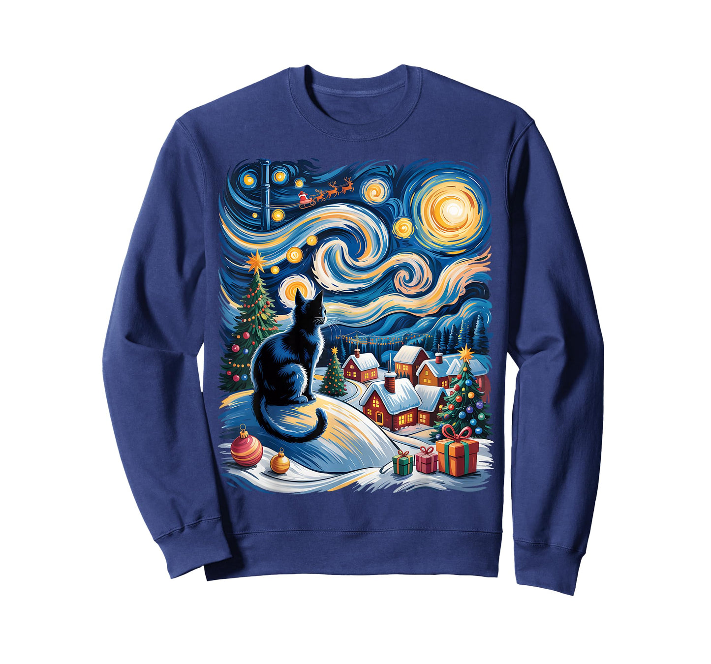 Christmas Cat Van Gogh Starry Night Xmas Cat Kitten Graphic T-Shirt