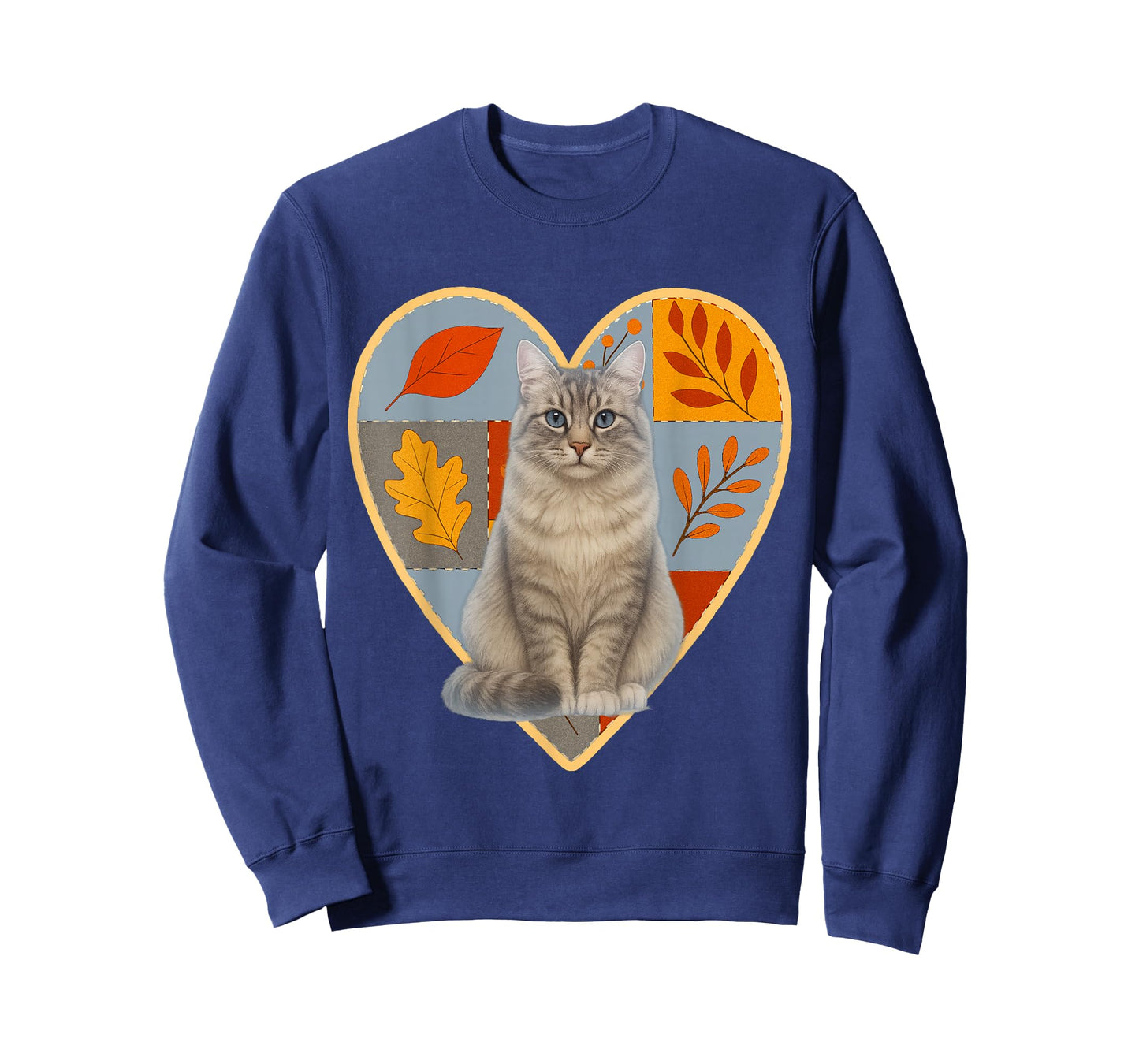 Silver Siberian Forest Cat Autumn Fall Patchwork Leaves Hear T-Shirt