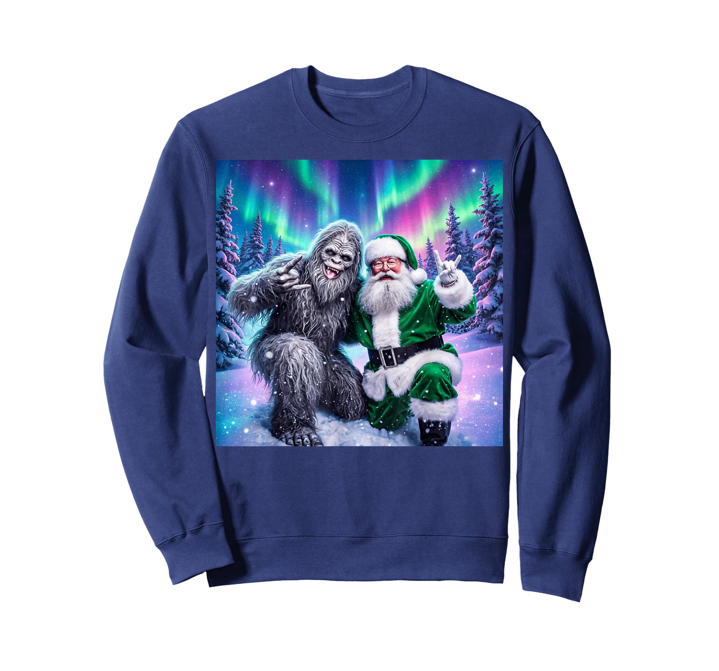 Santa with Bigfoot Christmas Lights Funny Sasquatch Believe T-Shirt