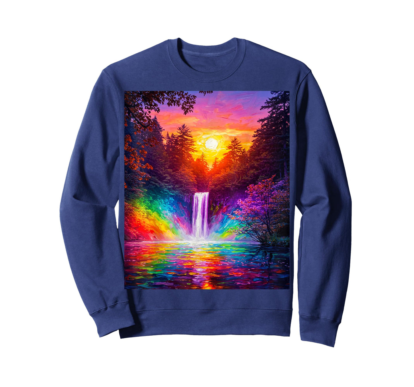 Moon Night Waterfall Abstract Art Forest Trees Painting T-Shirt