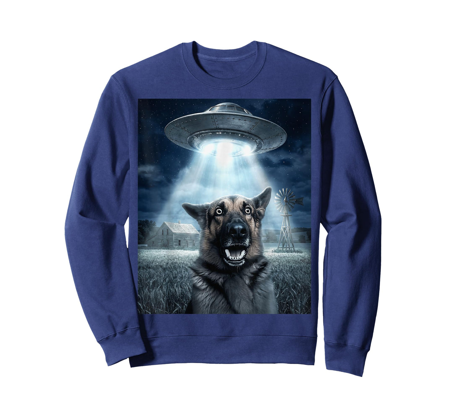 Scared German Shepherd Alien Beam UFO Farm Night T-Shirt
