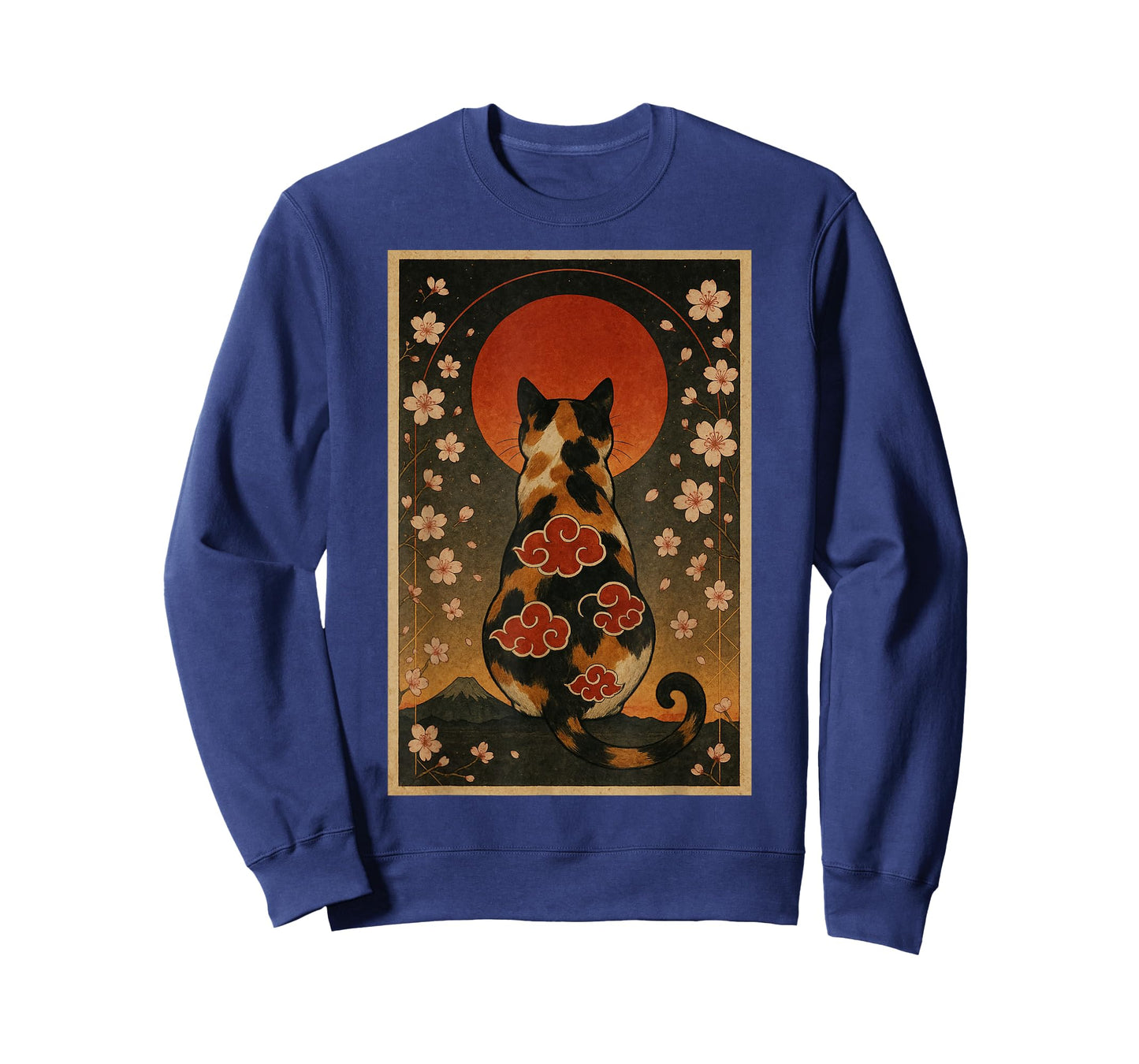 Calico Cat Sakura Sunset Japanese Style Art Vintage Floral T-Shirt