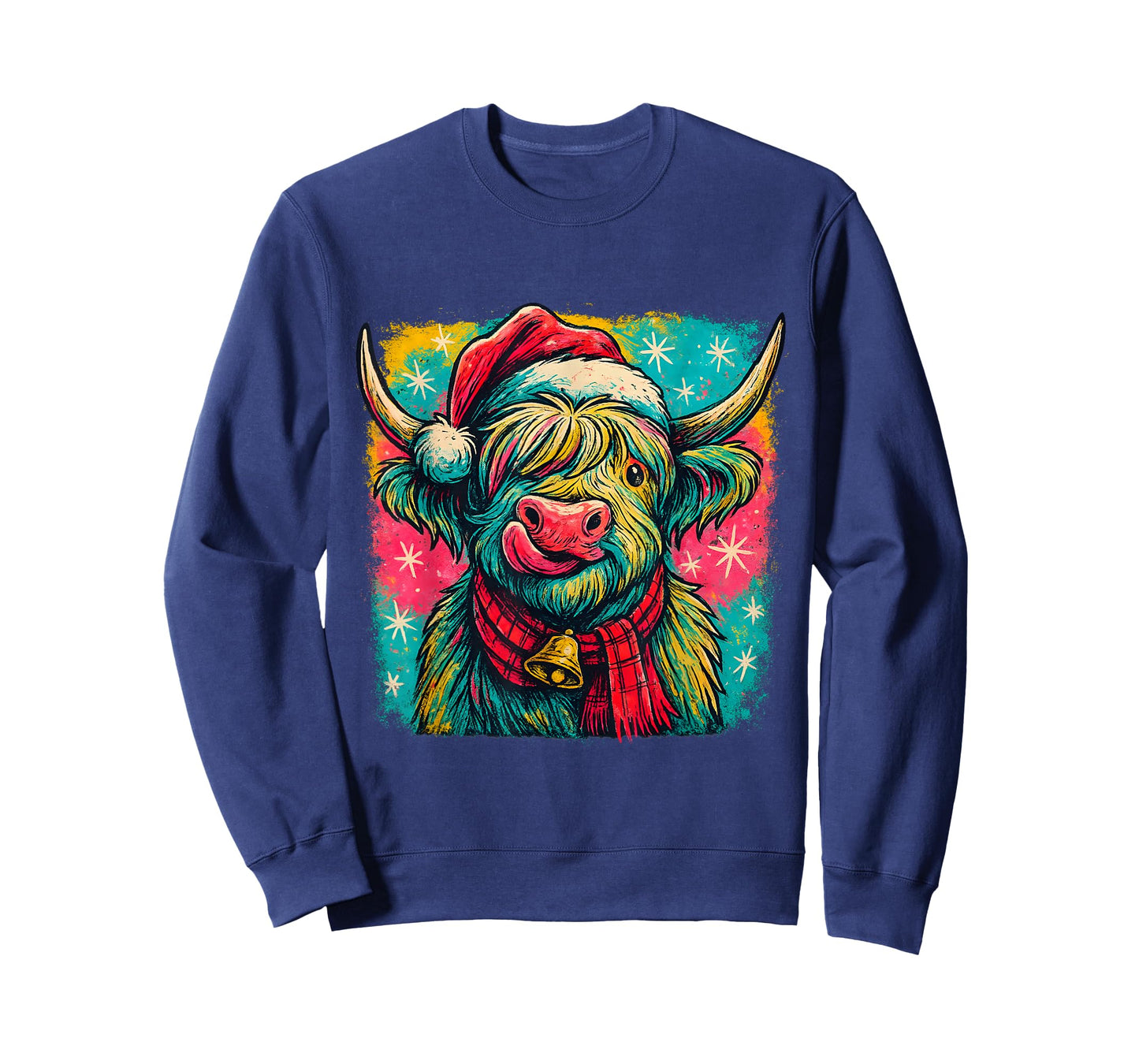 Colorful Highland Cow Christmas Plaid Bell Holiday Art T-Shirt