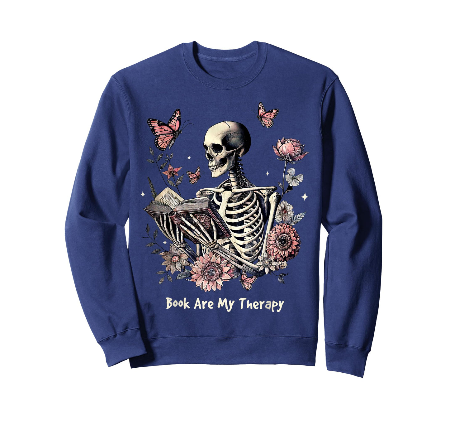 Book are My Therapy Skeleton Book Reading Floral Butterfly T-Shirt
