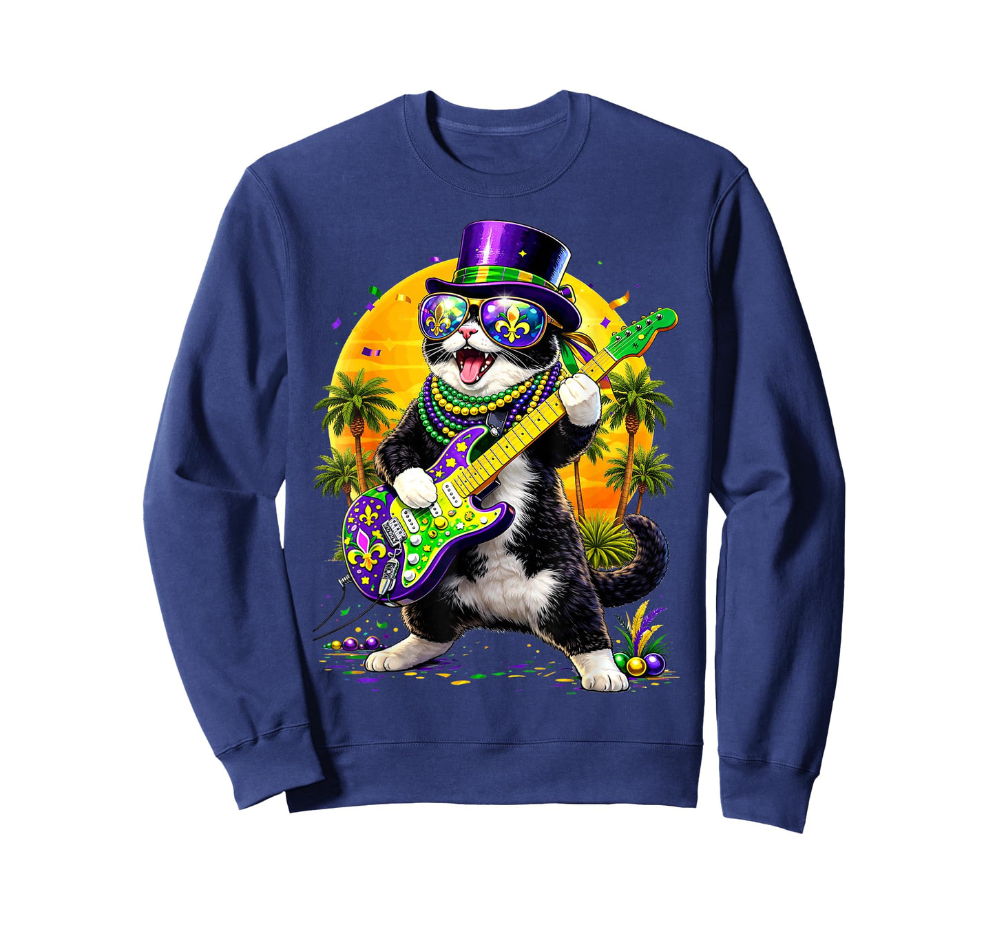 Funny Cat Playing Guitar Mardi Gras Men Women Teens Kids T-Shirt