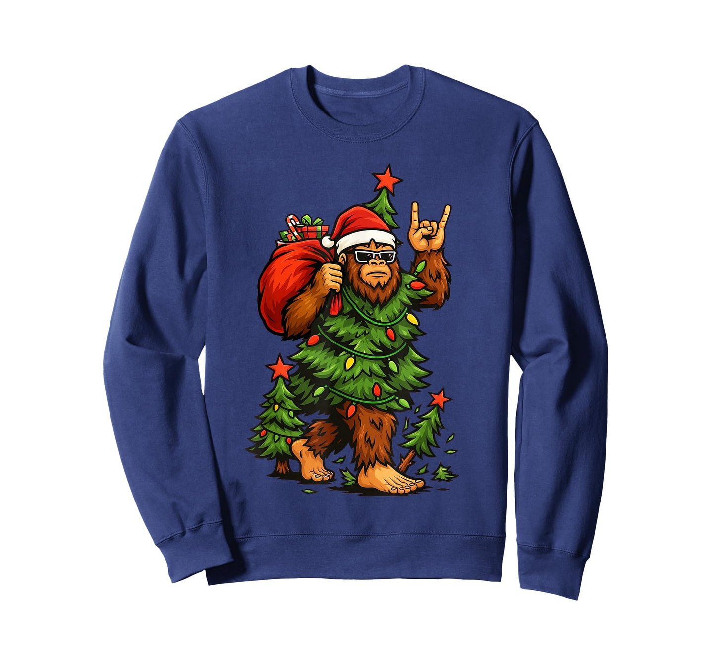 Santa Bigfoot Christmas Tree Xmas Lights Funny Sasquatch T-Shirt