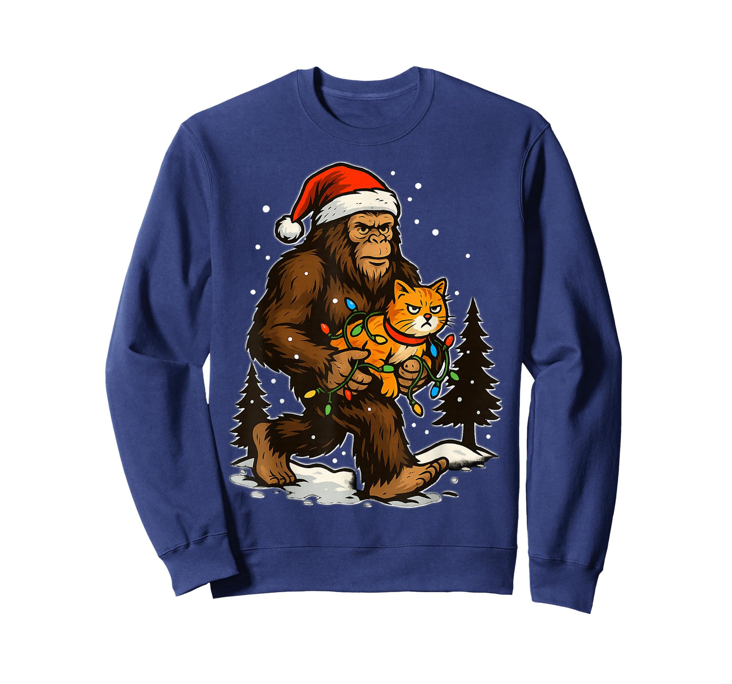 Christmas Bigfoot with Cat and Lights Santa Hat Funny Xmas T-Shirt
