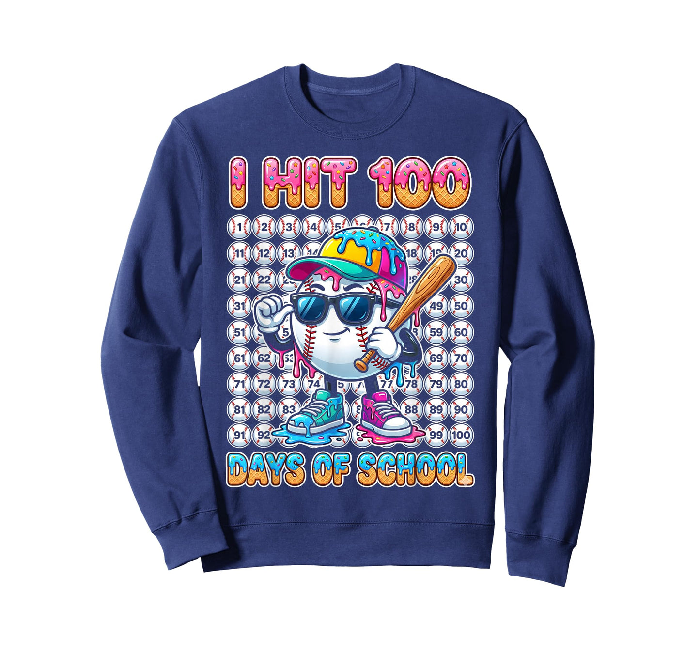 I Hit 100 Days of School Baseball Ice Cram Drip 100th Boys T-Shirt