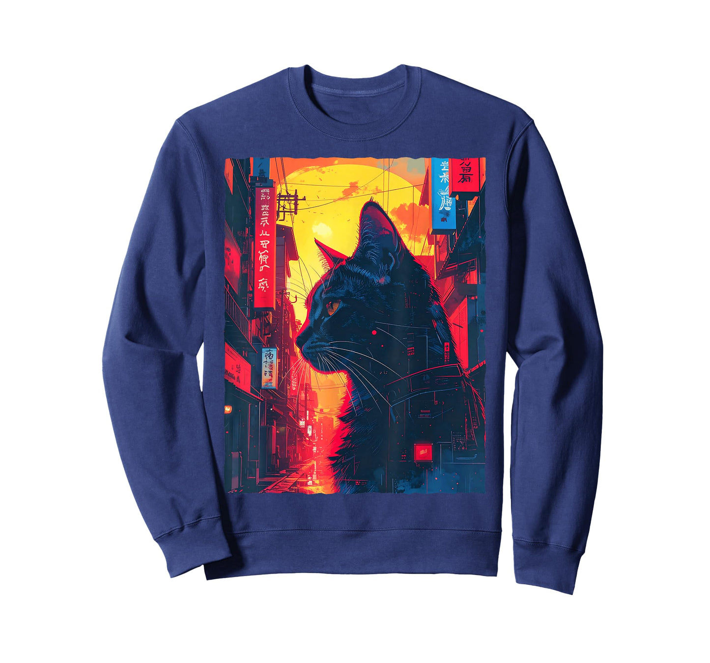 Japanese Street Black Cat Retro Future Sci-Fi Art T-Shirt