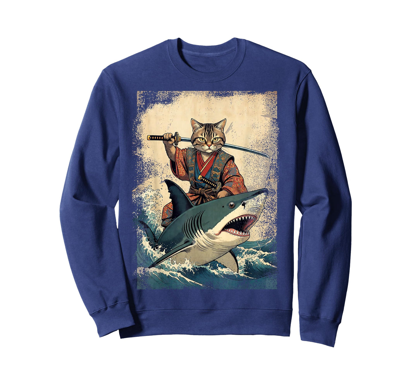 Vintage Samurai Cat Riding a Shark in Japanese Art Anime T-Shirt