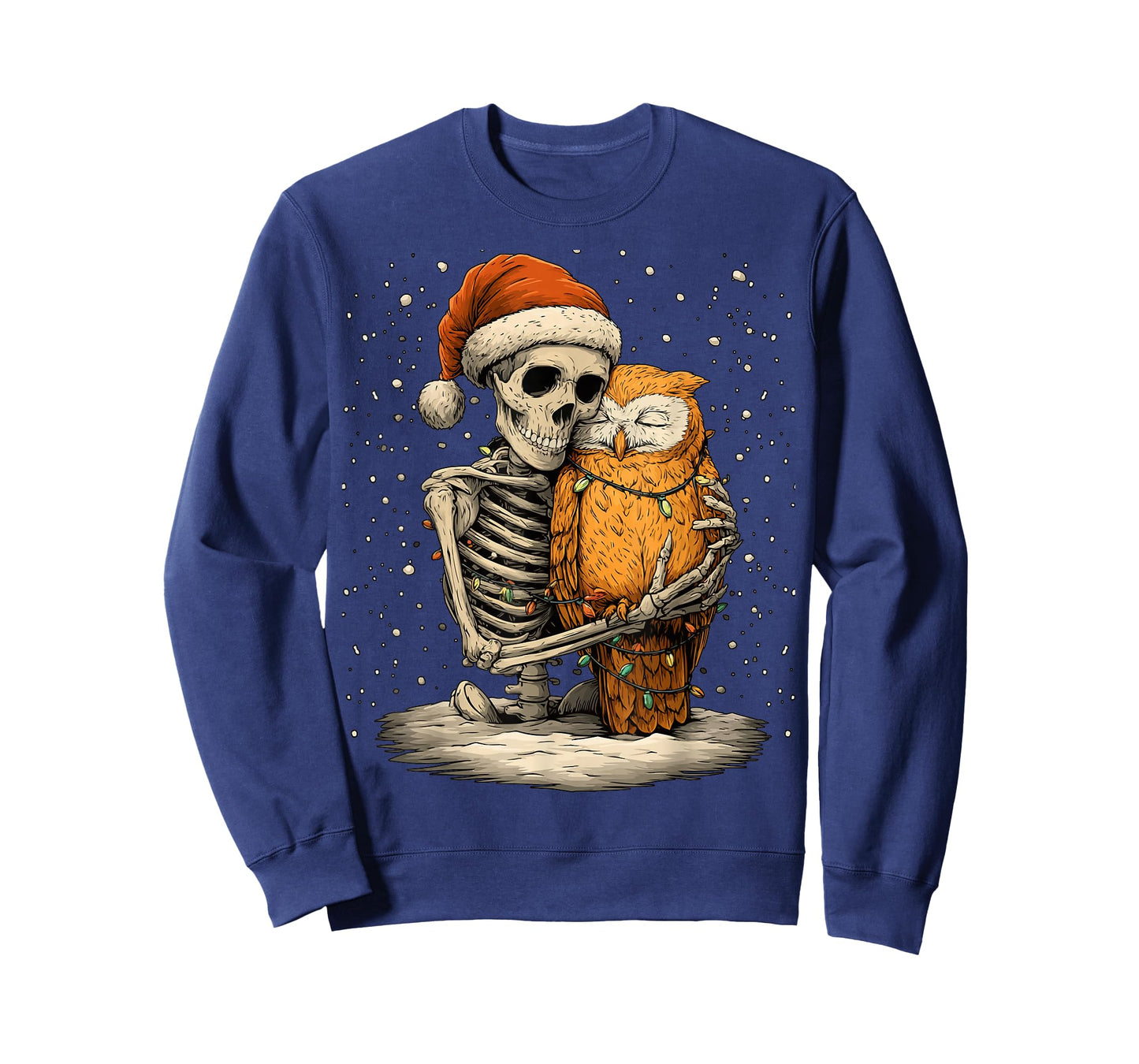 Skeleton Hugging an Owl with Santa Hat Snow Gothic Christmas T-Shirt