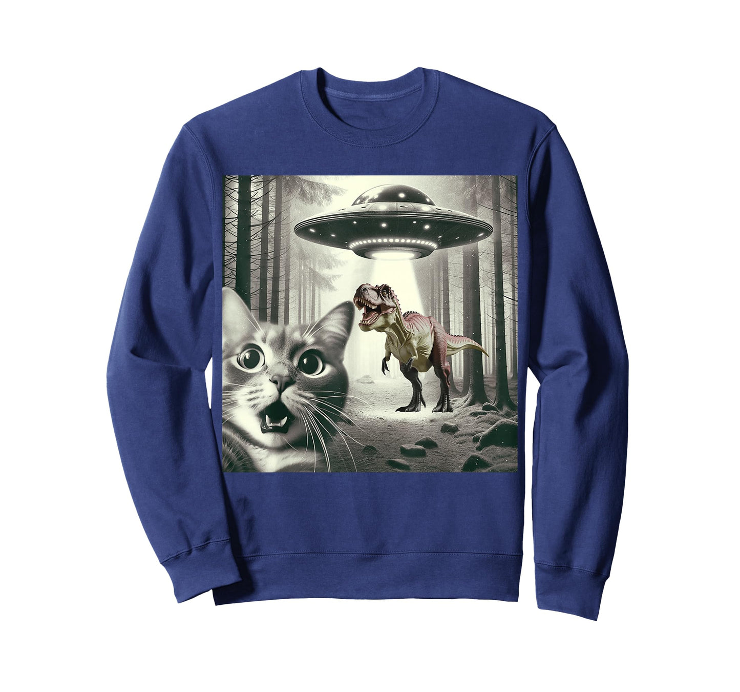 Funny Cat Selfie with Alien UFO and T-Rex Dinosaur Graphic T-Shirt