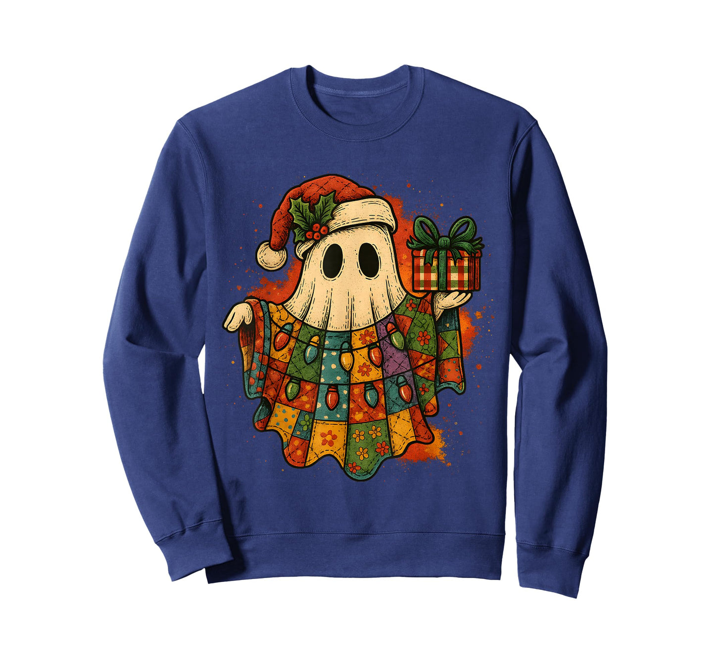 Vintage Christmas Ghost Patchwork Lights Design T-Shirt