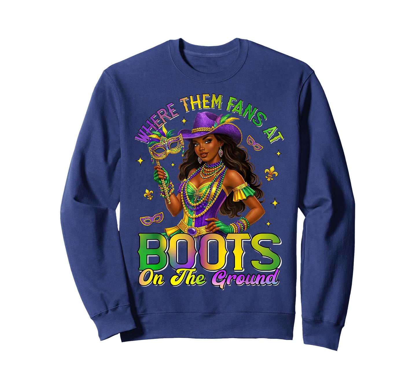 Mardi Gras Cowgirl Boots On The Ground Where Them Fans At T-Shirt
