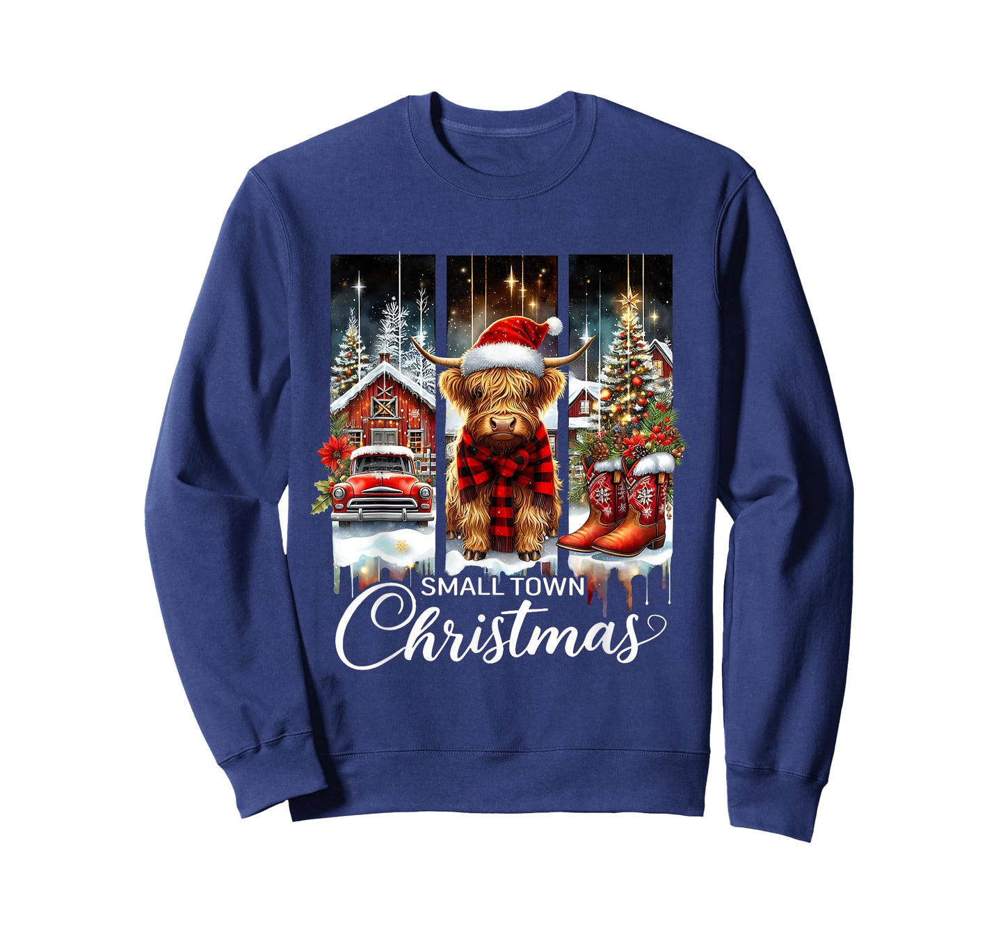 Small Town Christmas Highland Cow Western Art T-Shirt