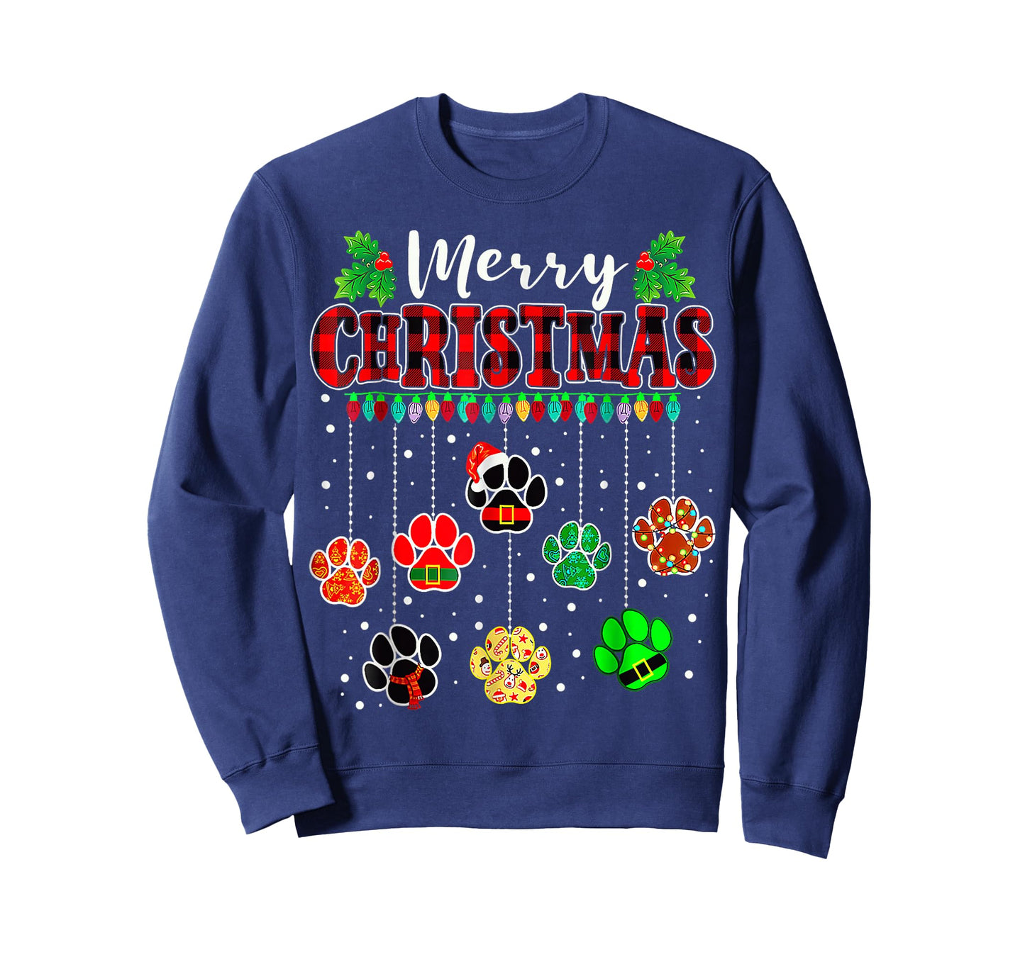 Merry Christmas Lights Dog Paw Xmas T-Shirt