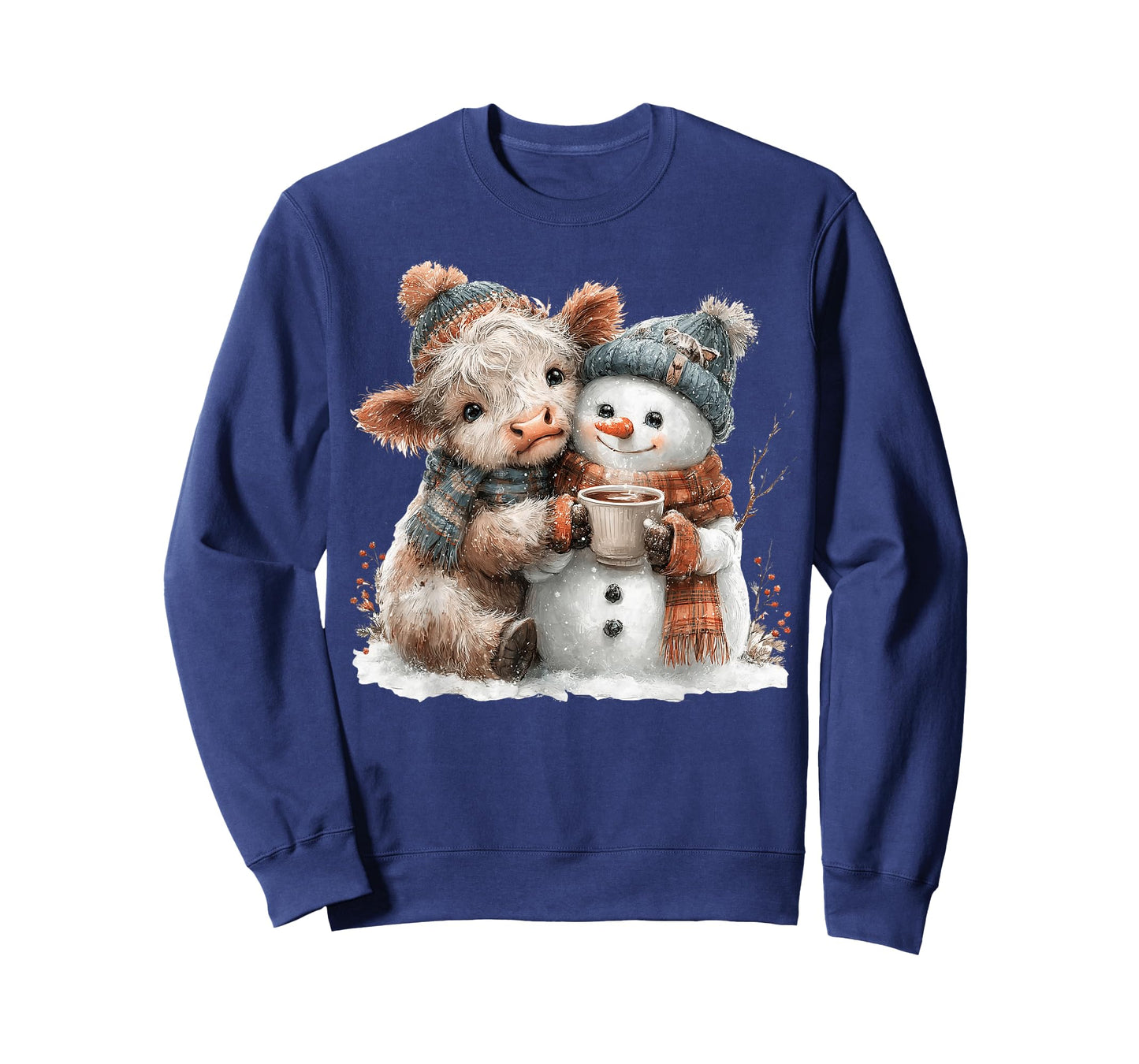Highland Cow Hugging Snowman Drink Coffee Winter Christmas T-Shirt