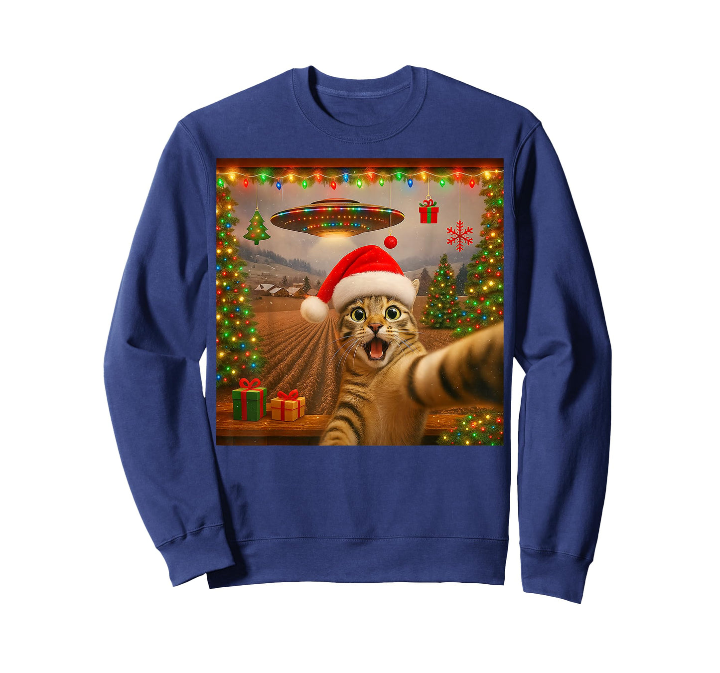 Funny Cat Selfie with Alien UFO Christmas Lights Santa Hat T-Shirt