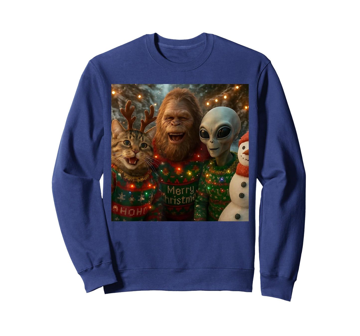 Funny Christmas Cat Selfie with Bigfoot Alien Ugly Sweater T-Shirt