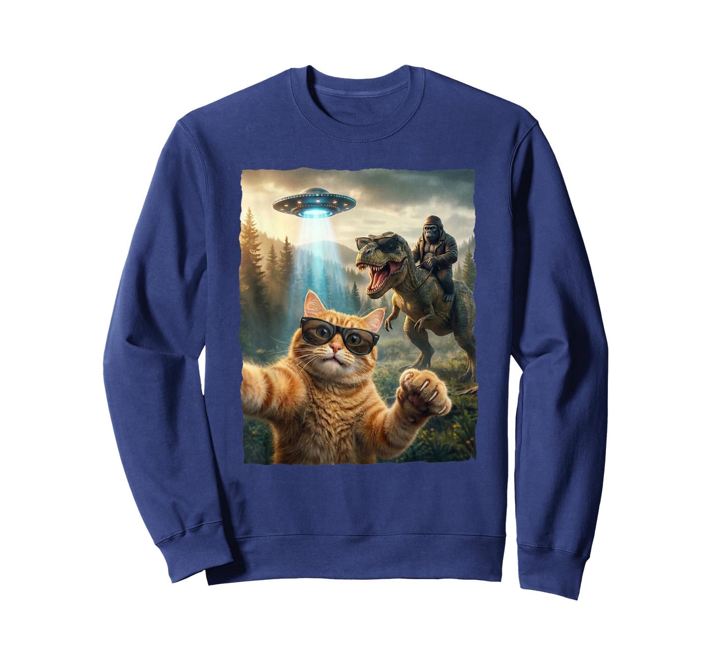 Funny Cat T-Rex Bigfoot Design UFO Selfie T-Shirt
