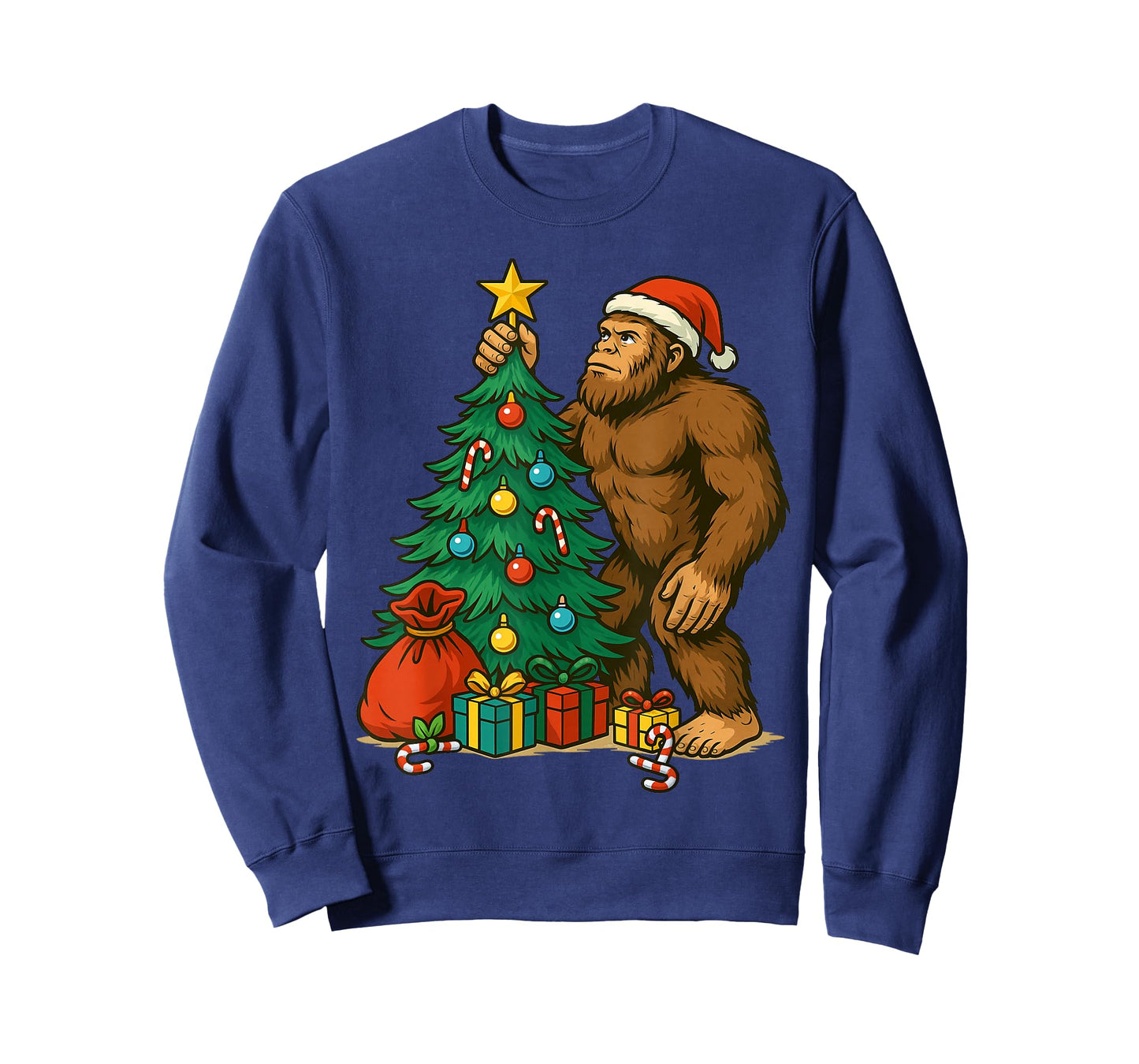 Santa Bigfoot Christmas Tree Lights Xmas Boys Men Sasquatch T-Shirt