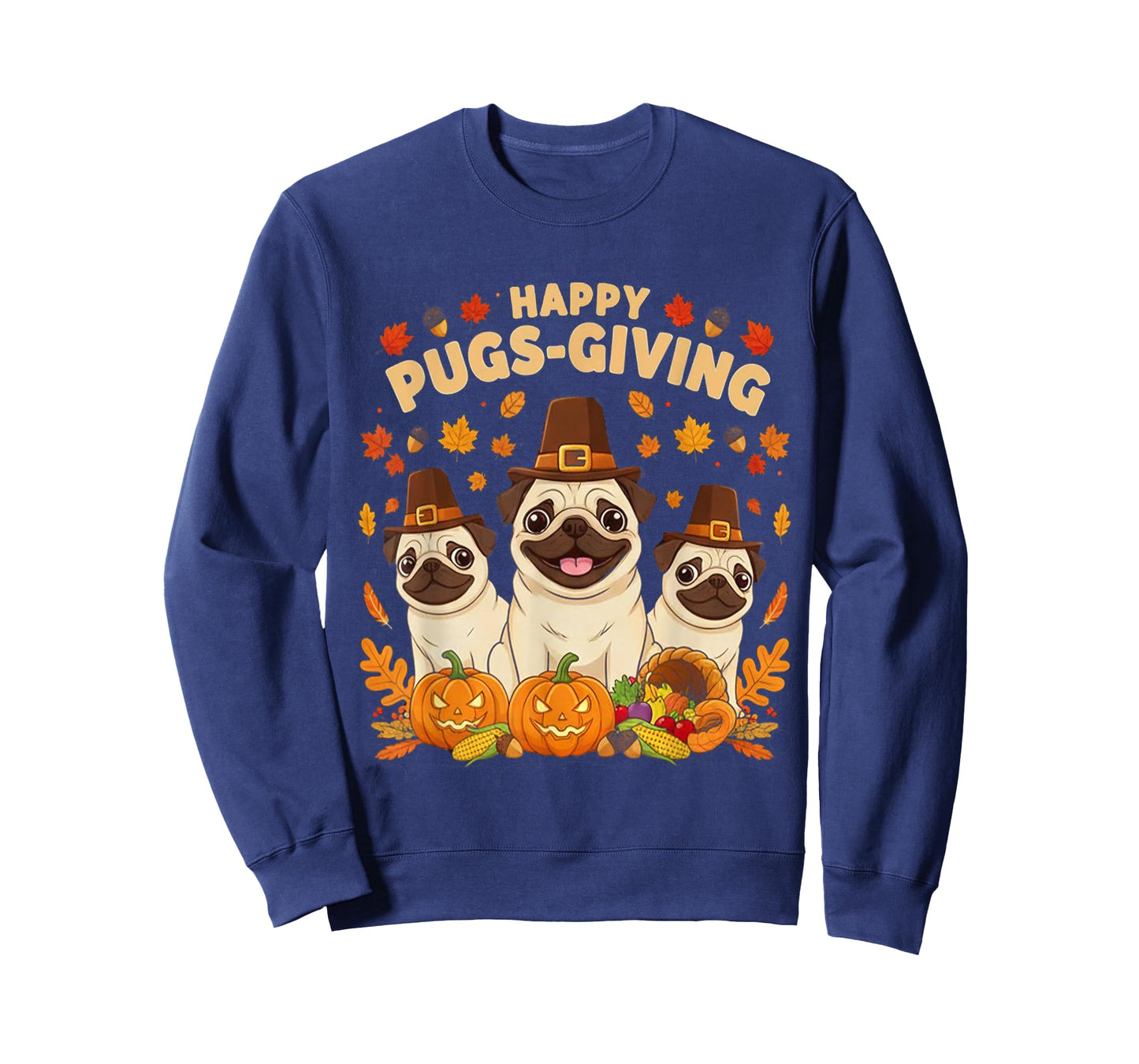 Happy Pugsgiving Cute Thanksgiving Pug Dog Wears Pilgrim Hat T-Shirt