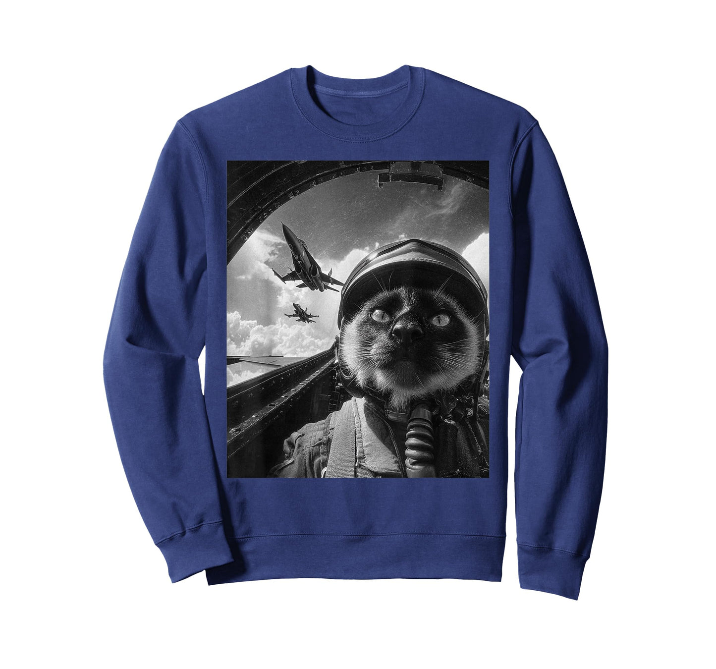 Funny Siamese Cat Selfie Fighter Jet Pilot Airplane Graphic T-Shirt