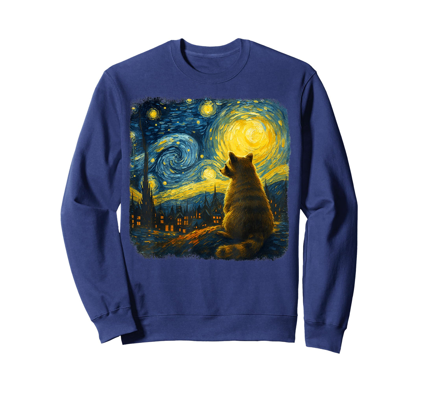 Raccoon Watching Starry Night Sky Moon Artistic Scene Animal T-Shirt